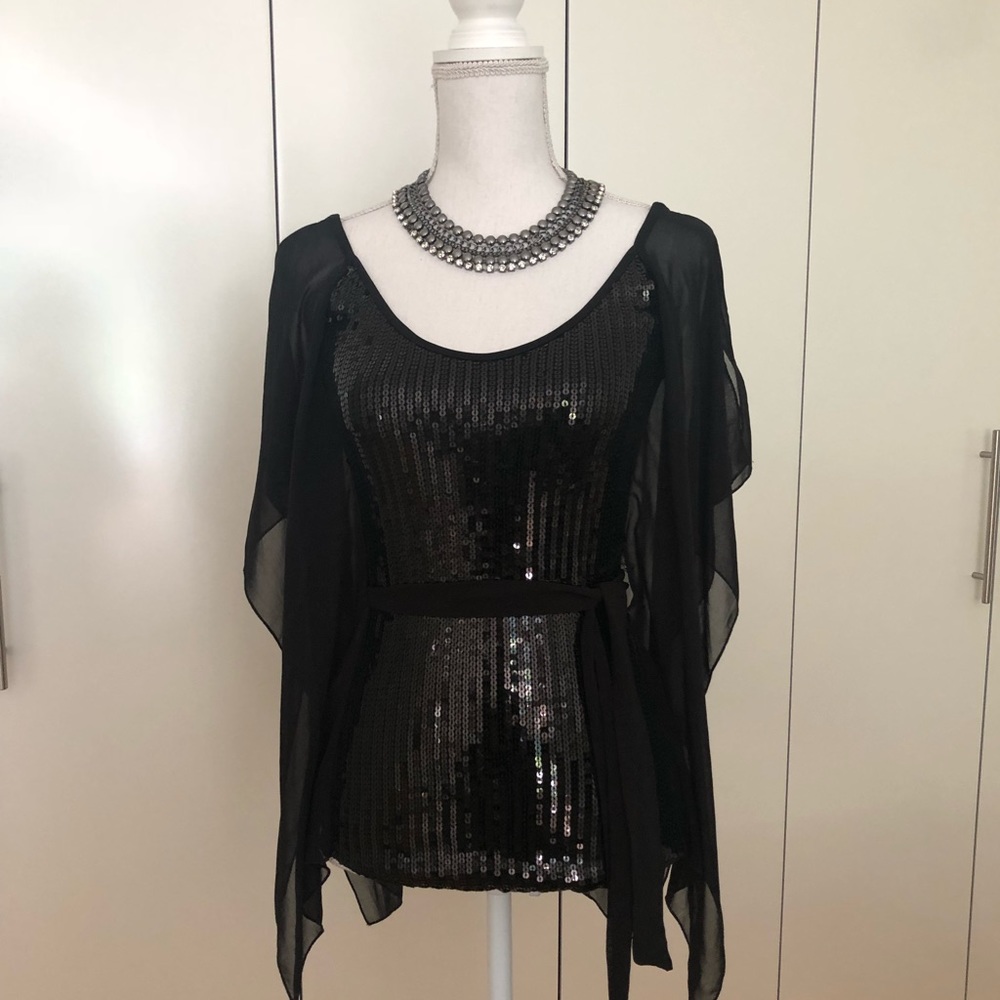 Black Sequence Top With Chiffon Sleeves - image 1